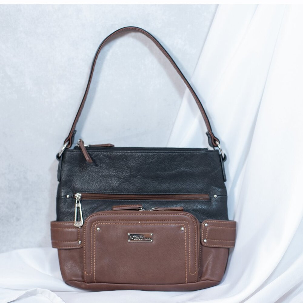Stone Mountain Womens Shoulder Leather Tote Bag Brown Black